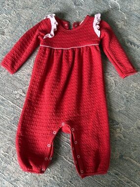 The Beaufort Bonnet Company Red Quilted Baby Footie with Pink Ruffle